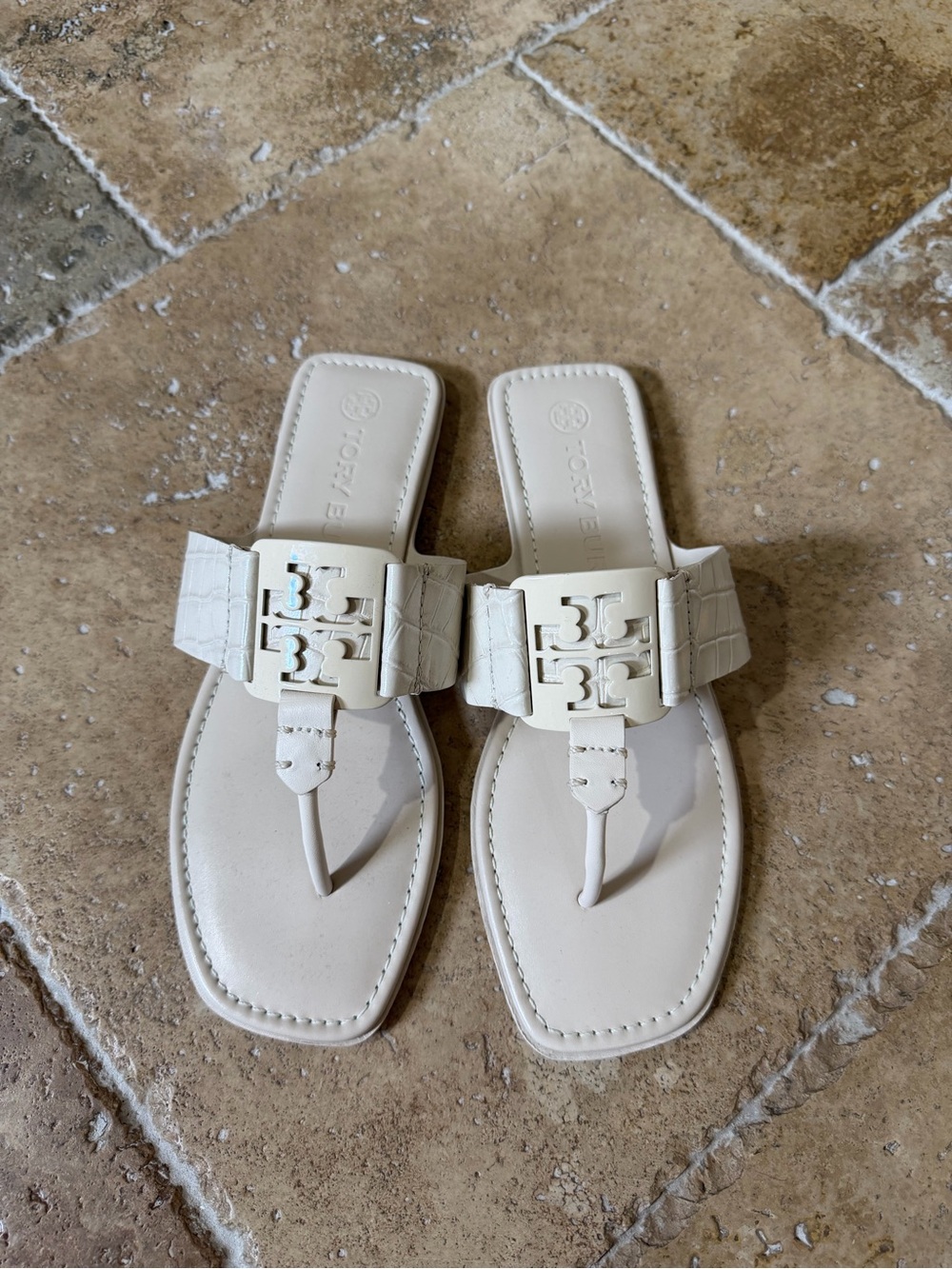 Tory Burch Cream Leather Logo Thong Sandals